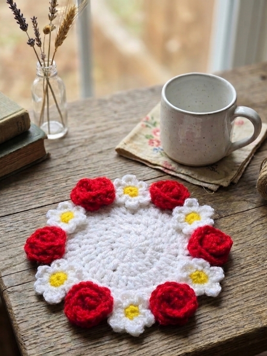 Handmade Other - Handmade White Crochet Floral Coaster with Red Roses